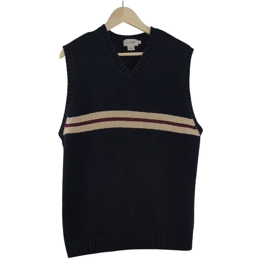 Vintage 90s J. Crew Sweater Vest Navy Blue Cream Red Stripe‎ Cotton Preppy Large